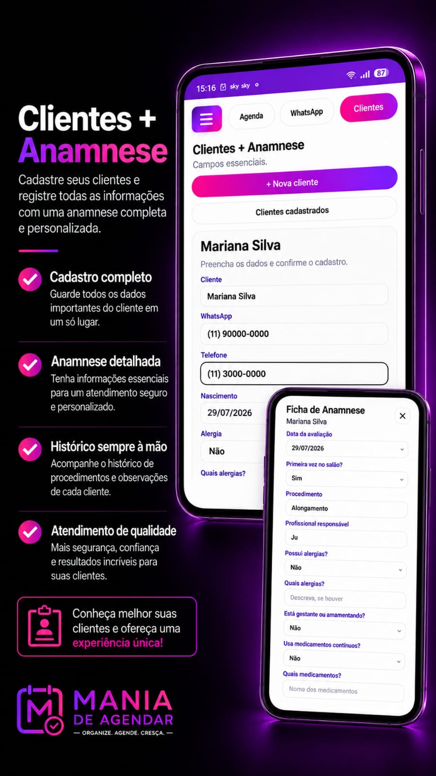 Clientes e anamnese no Mania de Agendar